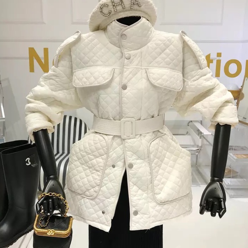 Quilted Jacket coat pocket belt British fashion white button winter outerwear - Picture 1 of 13